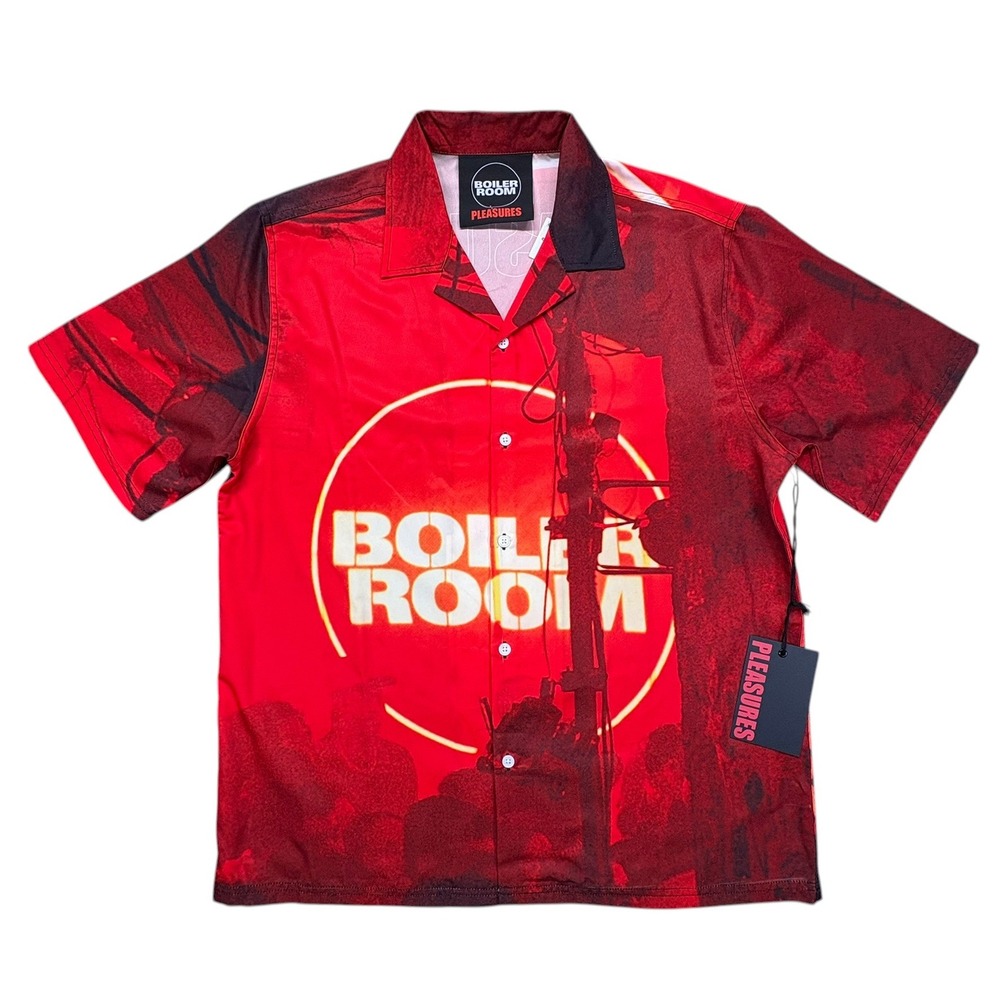 Pleasures Boiler Room Camp Shirt Mens M Red Graphic Print Short Sleeve Music NWT
